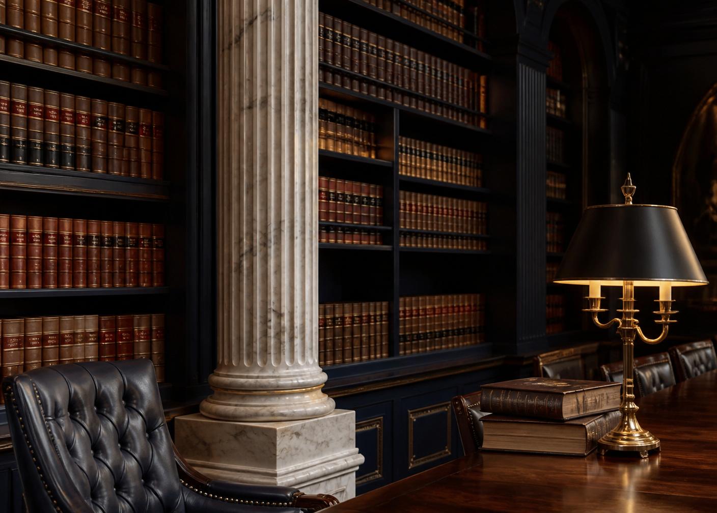 Escritório de advocacia moderno com mesa e estantes de livros